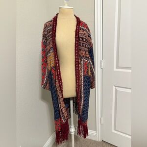 Altar'd State Red and Blue Patterned Fringe duster